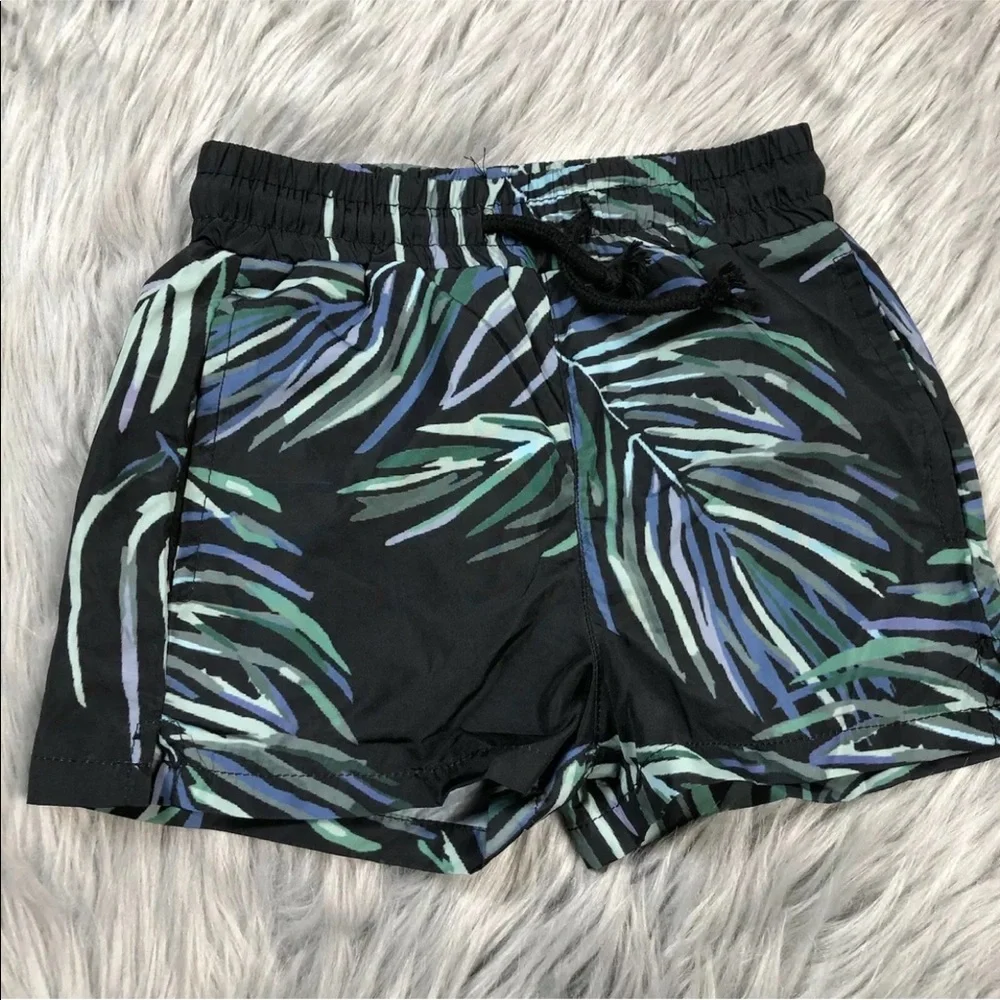 Sometime Soon Toddler Boys 2 Black Blue Green Leaf Print Swim Shorts